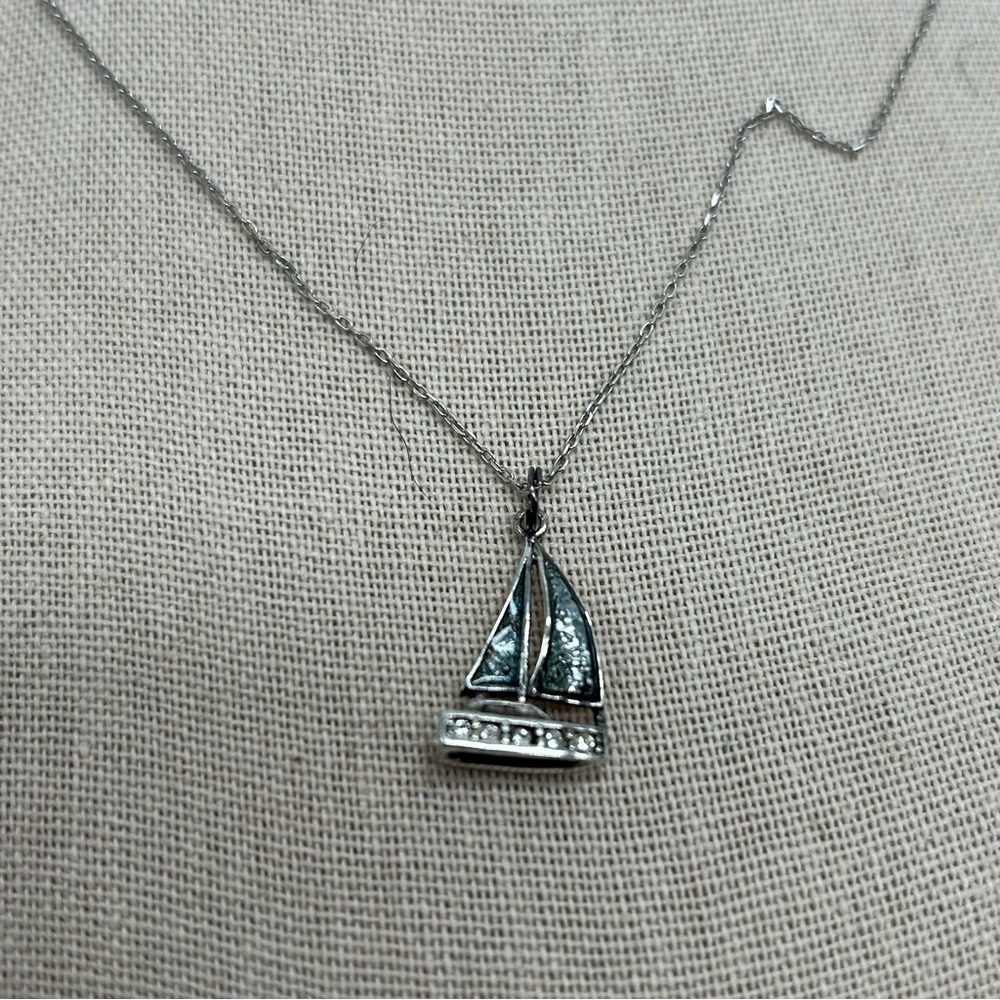 Sterling Silver 925 + Makers Mark Green Enamel Sails w/ Cz Sail boat Necklace